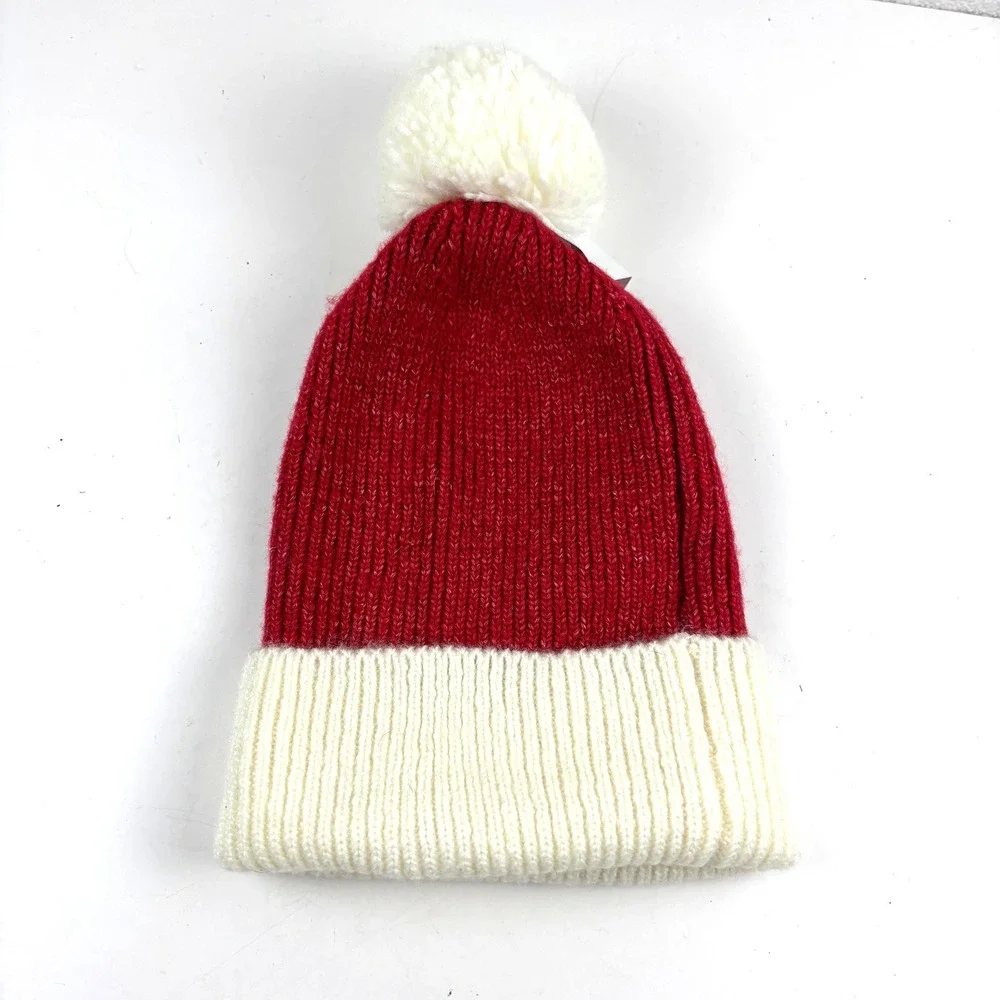 New American Eagle Beanie Womens OS Red Pom‎ Pom Ribbed Knit Holiday Hat Winter